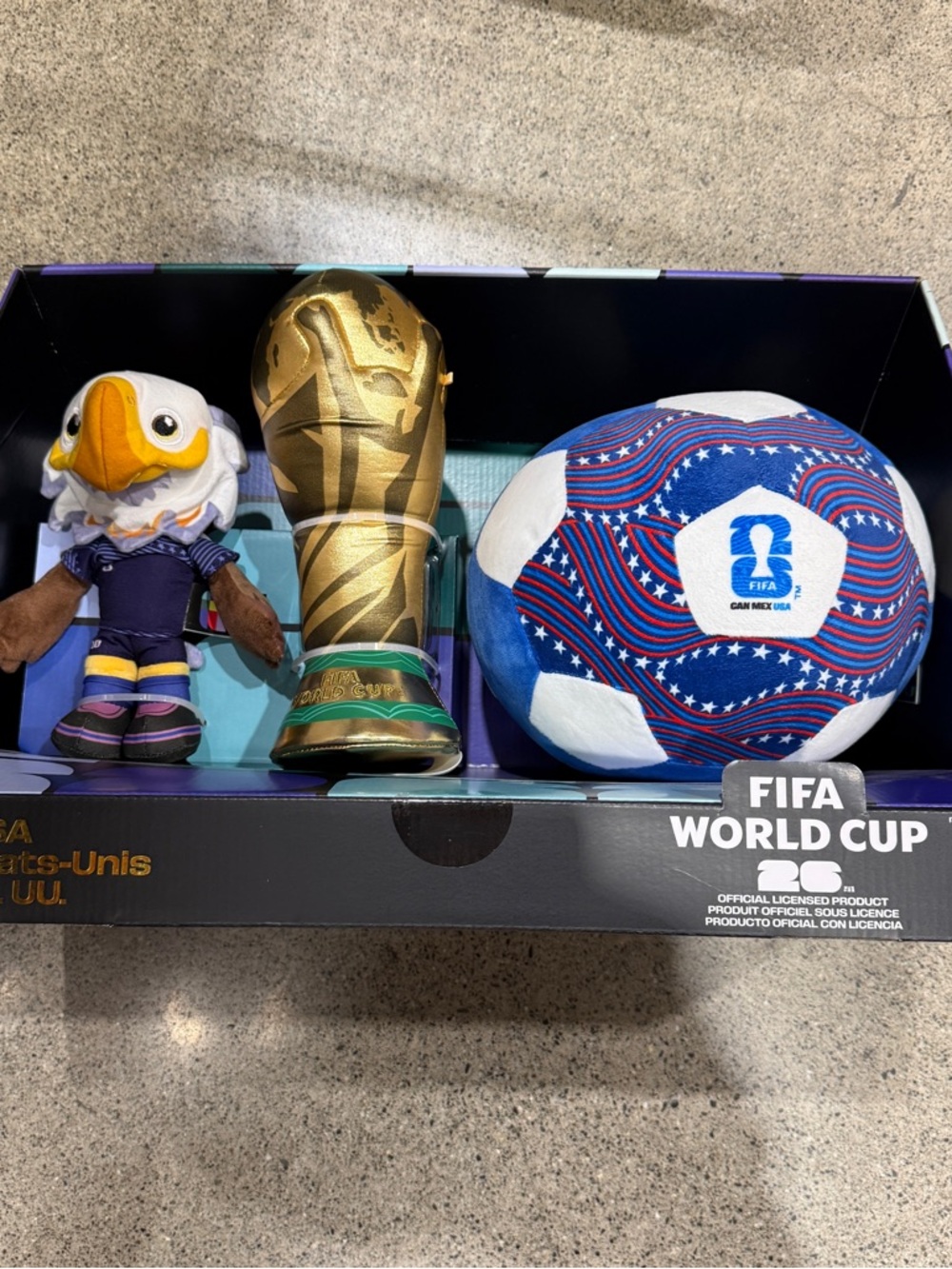FIFA World Cup Plush Set with Blue/White Soccer Ball and Gold Trophy